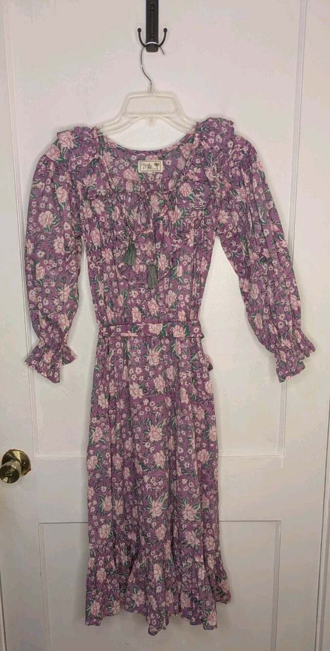 MILLE June Midi Dress Purple Rose Floral Print Ruffle Cotton Puff Sleeve XXS